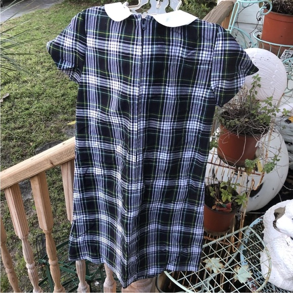 Lands End Kids Girls SS Dress Sz 7 Blue Green Plaid White Peter Pan Collar - Picture 6 of 7